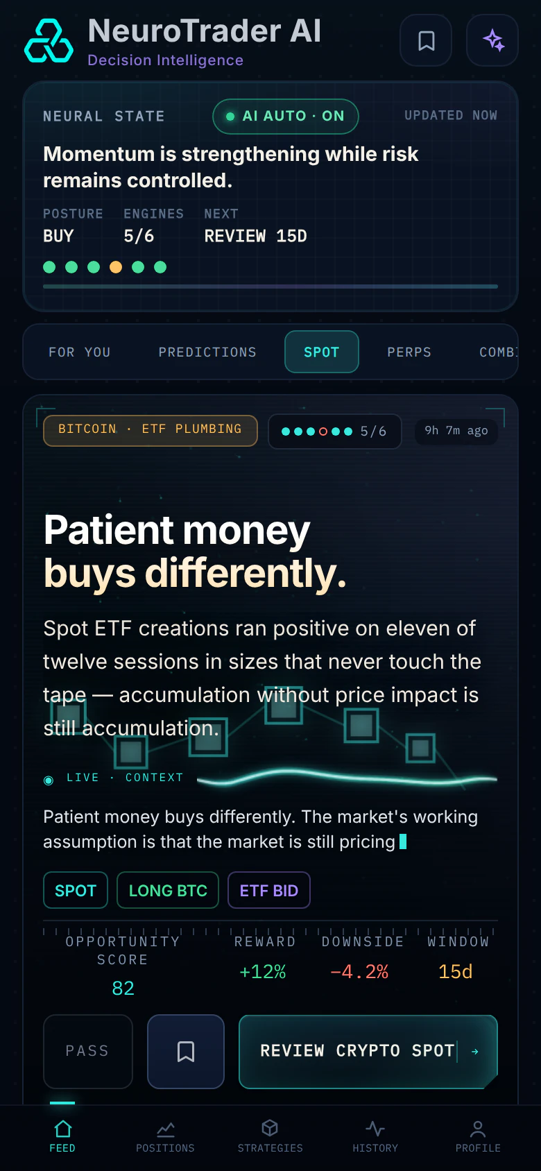 NeuroTrader Mobile — spot BTC view